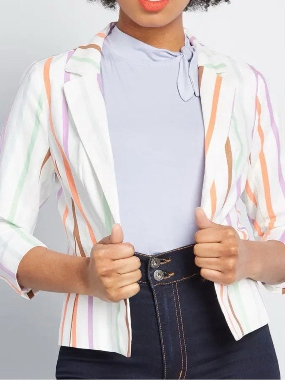 ModCloth Small Striped Open Front Linen Blend Sweet Sophistication Blazer Jacket